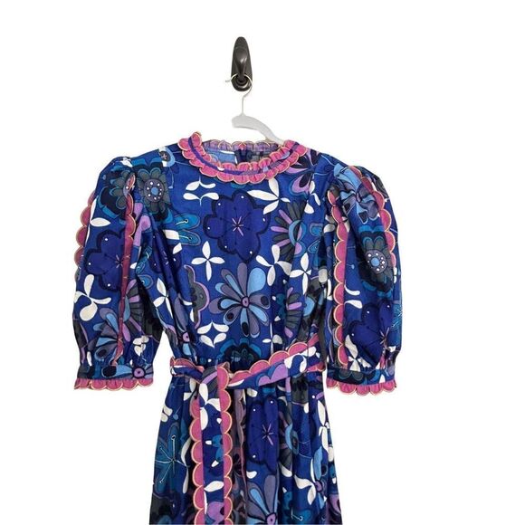 CeliaB Merapi Belted Puff Sleeve Corduroy Print Midi Dress Blue Women’s Size XL - Picture 8 of 12